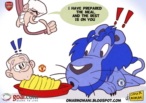 Cartoon: Blues Meal (medium) by omomani tagged chelsea,ferguson,wenger,lion,manchester,united,arsenal,permier,league,england