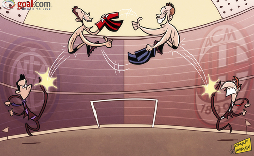 Cartoon: Cassano and Pazzini trade (medium) by omomani tagged ac,milan,andrea,stramaccioni,cassano,inter,massimiliano,allegri,pazzini