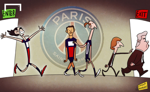 Cartoon: Cavani signs on despite PSG exod (medium) by omomani tagged ancelotti,cavani,ibrahimovic,leonardo,paris,saint,germain,thiago,silva