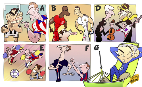 Cartoon: Champions League draw 14-15 (medium) by omomani tagged arjen,robben,balotelli,champions,league,cristiano,ronaldo,david,silva,ibrahimovic,jurgen,klopp,mario,mandzukic,messi,mourinho,tevez,totti,wenger