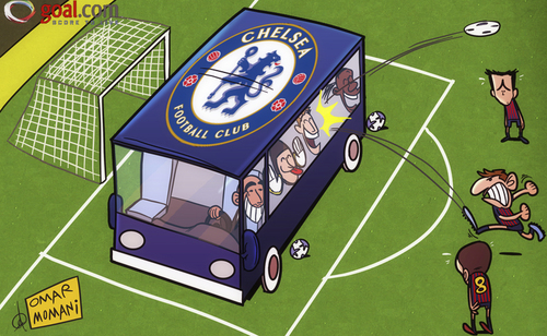 Cartoon: Chelsea bus arrives at Camp Nou (medium) by omomani tagged barcelona,cech,champions,league,chelsea,di,matteo,drogba,iniesta,john,terry,messi,xavi