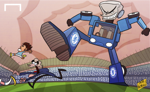 Cartoon: Chelsea bus transformer (medium) by omomani tagged chelsea,david,silva,etihad,manchester,city,mourinho,pellegrini,premier,league