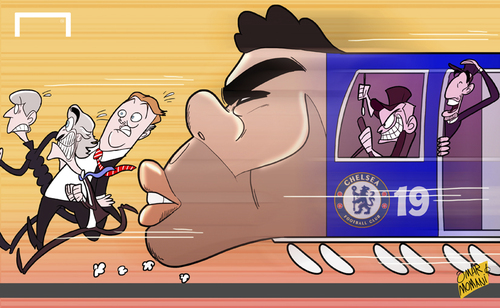 Cartoon: Chelsea train led by Costa (medium) by omomani tagged arsenal,chelsea,diego,costa,fabregas,manchester,city,united,mourinho,pellegrini,premier,league,van,gaal,wenger