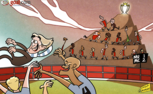 Cartoon: City take the spoils (medium) by omomani tagged ferguson,manchester,city,derby,united,mancini,premier,league,vincent,kompany