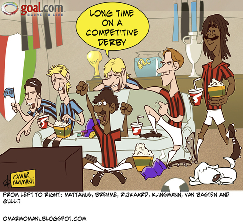 Cartoon: Classic Derby (medium) by omomani tagged mattahus,brehme,rijkaard,klinsmann,van,basten,gullit,ac,milan,inter,serie,holland,germany