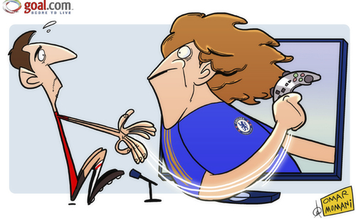 Cartoon: David Luiz shows Gary Neville (medium) by omomani tagged chelsea,david,luiz,gary,neville,playstation