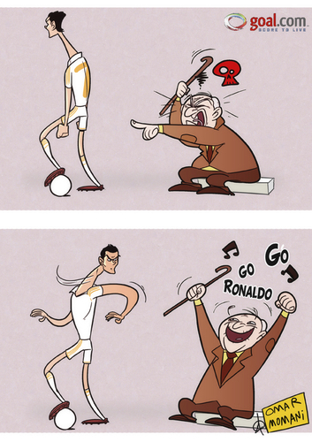 Cartoon: Di Stefano leads Cristiano Ronal (medium) by omomani tagged argentina,cristiano,ronaldo,di,stefano,la,liga,portugal,real,madrid,spain