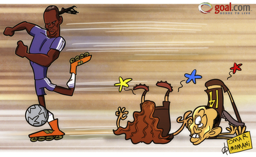 Cartoon: Drogba rolls back the years (medium) by omomani tagged barcelona,champions,league,chelsea,drogba,javier,mascherano,puyol