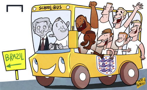 Cartoon: England school trip to Brazil (medium) by omomani tagged adam,lallana,england,jack,wilshere,jordan,henderson,luke,shaw,oxlade,chamberlain,raheem,sterling,rooney,ross,barkley,roy,hodgson,world,cup,2014