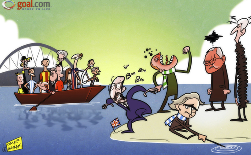 Cartoon: EPL stars miss the boat (medium) by omomani tagged aaron,lennon,arsenal,champions,league,chelsea,ferguson,manchester,city,united,mancini,rafael,benitez,wenger