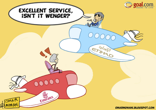 Cartoon: Etihad Stadium (medium) by omomani tagged etihad,stadium,mancini,wenger,cartoon,arsenal,manchester,city,italy,engalnd,france,plane,emirates,football,soccer