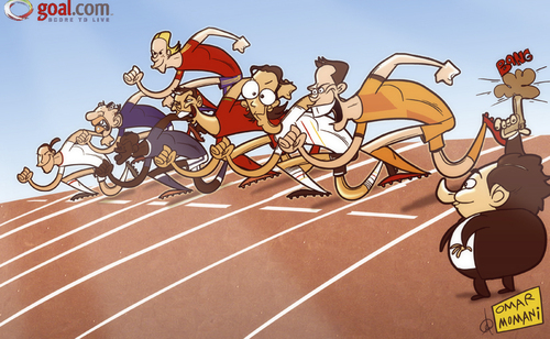 Cartoon: Euro 2012 race set to start (medium) by omomani tagged andy,carroll,balotelli,cristiano,ronaldo,england,euro,2012,france,germany,italy,michel,platini,netherlands,ozil,portugal,ribery,spain,torres,van,persie