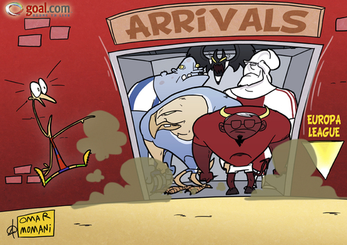 Cartoon: Europa League new Arrivals (medium) by omomani tagged ajax,bat,devil,eagle,elevator,england,eredivisie,europa,league,ferguson,holland,la,liga,manchester,city,united,netherlands,porto,portugal,premier,primeira,spain,valencia