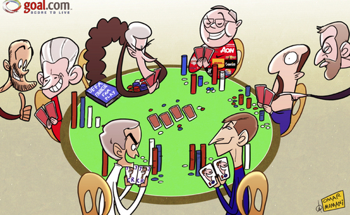 Cartoon: Europes card sharks (medium) by omomani tagged bayern,munich,abramovich,arsenal,barcelona,chelsea,cristiano,ronaldo,ferguson,guardiola,jupp,heynckes,manchester,united,messi,mourinho,poker,rafael,benitez,real,madrid,tito,vilanova,wenger