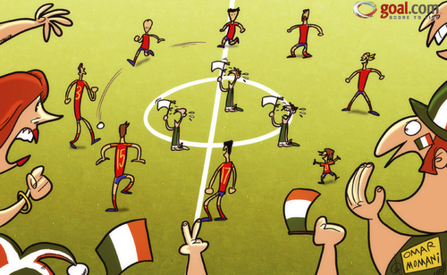 Cartoon: Fans fly the Irish flag (medium) by omomani tagged alvaro,arbeloa,david,silva,euro,2012,iniesta,ireland,ramos,spain,torres,xabi,alonso,xavi