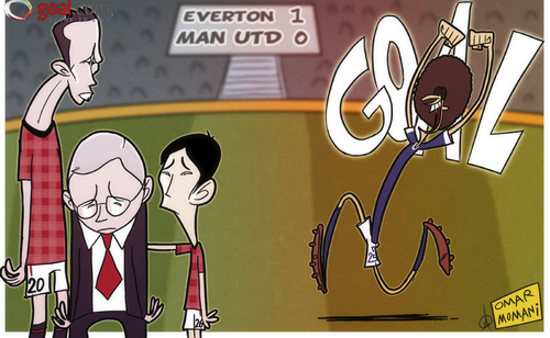 Cartoon: Fellaini foils Manchester United (medium) by omomani tagged everton,ferguson,kagawa,manchester,united,marouane,fellaini,premier,league,van,persie