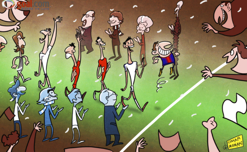 Cartoon: Football is back! (medium) by omomani tagged antonio,conte,cristiano,ronaldo,ferguson,gareth,bale,jupp,heynckes,mancini,messi,mourinho,pirlo,rafael,benitez,suarez,van,persie,villas,boas,wenger