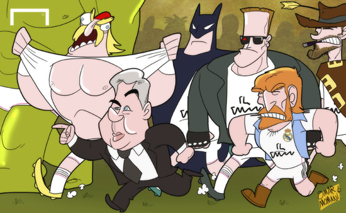 Cartoon: Football is not a game for girls (medium) by omomani tagged ancelotti,arnold,schwarzenegger,batman,chuck,norris,clint,eastwood,hulk,hogan,real,madrid