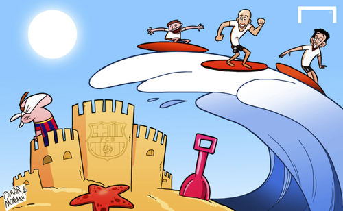 Cartoon: Fortress Barcelona comes crashin (medium) by omomani tagged barcelona,dani,parejo,la,liga,messi,pablo,piatti,sofiane,feghouli,valencia