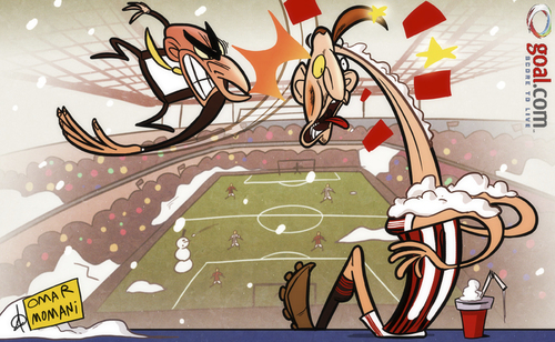 Cartoon: Galliani slaps down Ibra (medium) by omomani tagged ac,milan,galliani,ibrahimovic,italy,juventus,red,card,san,siro,slap,snow,sweden