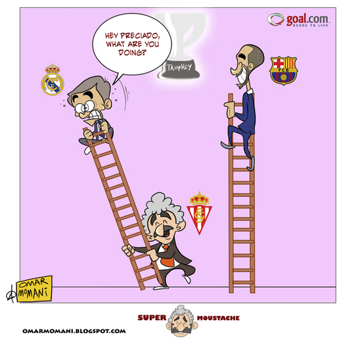 Cartoon: Gijon drops Mourinho (medium) by omomani tagged preciado,mourinho,guardiola,sporting,gijon,real,madrid,barcalona,la,liga,spain,portugal,ladder