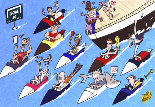 Cartoon: Goal 50 (medium) by omomani tagged arjen,robben,balotelli,cristiano,ronaldo,diego,costa,gareth,bale,goal,goal50,ibrahimovic,james,rodriguez,messi,neymar,philipp,lahm,queen,elizabeth,suarez