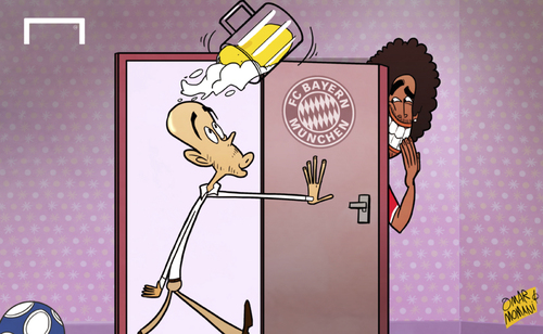 Cartoon: Guardiola braced for beer shower (medium) by omomani tagged grusskarte,grußkarte,ecard,card,zeichnung,caricature,comic,witz,funny,cartoon,karikatur,jürgen,kloppo,pokalfinale,klopp,dortmund,borussia,bvb,finale,endspiel,pokal,dfb,fcb,münchen,guardiola,pep,dante,munich,bayern