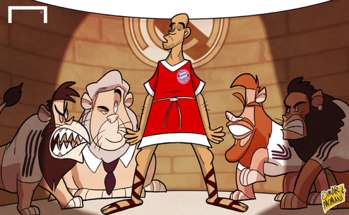 Cartoon: Guardiola prepares for Madrid (medium) by omomani tagged real,ramos,guardiola,bale,gareth,ronaldo,cristiano,league,champions,munich,bayern,ancelotti,madrid