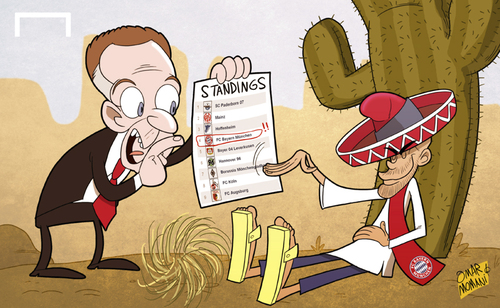 Cartoon: Guardiola unconcerned by table (medium) by omomani tagged bayern,munich,bundesliga,guardiola,karlheinz,rummenigge