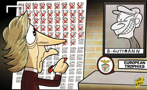 Cartoon: Guttman curse strikes Benfica (medium) by omomani tagged bela,guttman,benfica,europa,league,jorge,jesus