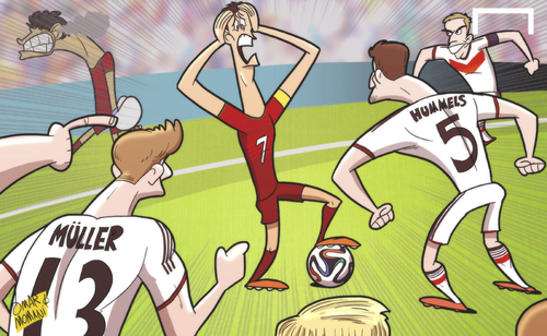 Cartoon: Half-fit Ronaldo overrun (medium) by omomani tagged cristiano,ronaldo,germany,mats,hummels,pepe,philipp,lahm,portugal,thomas,muller,world,cup,2014