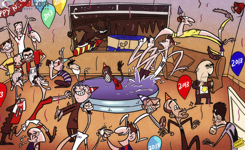 Cartoon: Happy New Year! (medium) by omomani tagged aguero,balotelli,casillas,cristiano,ronaldo,ferguson,galliani,gareth,bale,guardiola,ibrahimovic,iniesta,john,terry,messi,mourinho,rafael,benitez,ramos,suarez,van,persie,wenger,xavi,young