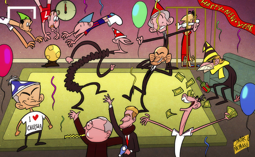 Cartoon: Happy New Year from Goal (medium) by omomani tagged klopp,jurgen,heynckes,jupp,guardiola,bale,gareth,ferguson,beckham,david,ronaldo,cristiano,messi,mourinho,ribery,suarez,wenger