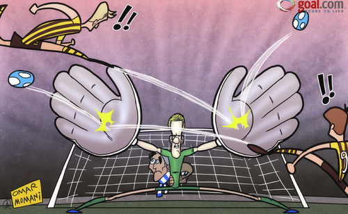 Cartoon: Hart saves the day for Man City (medium) by omomani tagged champions,league,dortmund,hart,manchester,city,mancini,marco,reus,robert,lewandowski,vincent,kompany