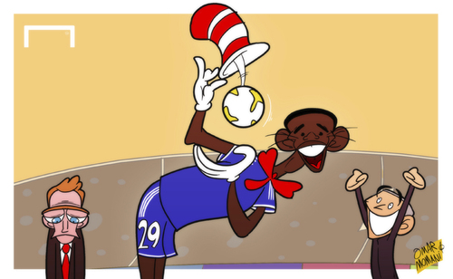 Cartoon: Hat-trick hero Etoo (medium) by omomani tagged league,premier,moyes,mourinho,united,manchester,etoo,chelsea