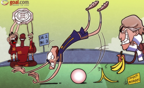 Cartoon: Hazard slips up (medium) by omomani tagged chelsea,community,shield,hazard,manchester,city,mancini,nasri,tevez,yaya,toure