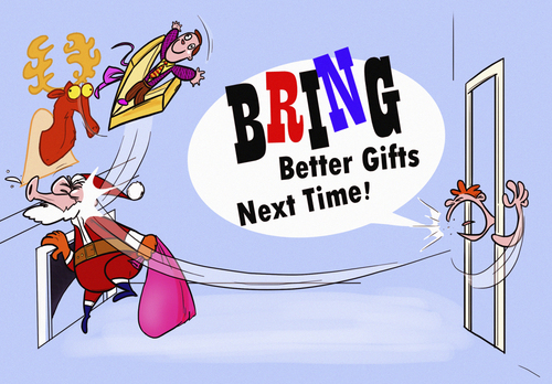 Cartoon: How Rude (medium) by omomani tagged santa,klaus,papa,noel,rude,gife,present,xmas,christmas,hit,beat,fight,violence,blue,boy,night,snow,bag,amman,jordan,omar,momani