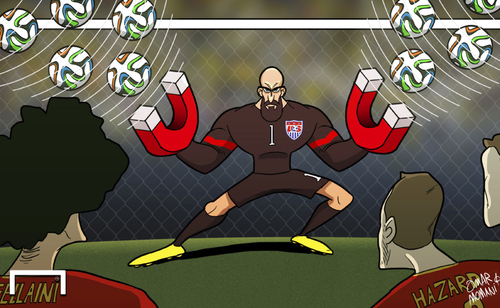 Cartoon: Howard heroics not enough (medium) by omomani tagged belgium,hazard,marouane,fellaini,tim,howard,usa,world,cup,2014