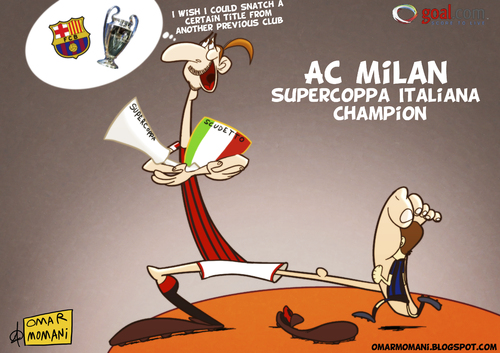 Cartoon: Ibrahimovic and Supercoppa (medium) by omomani tagged ibrahimovic,ac,milan,inter,barcelona,supercoppa,italiana,seria,la,liga,spain,sweden,italy,champions,league,soccer,football