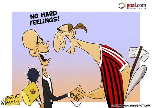 Cartoon: Ibrahimovic Meets Guardiola (medium) by omomani tagged ibrahimovic,guardiola,ac,milan,barcelona,spain,sweden,italy,serie,la,liga,champions,league