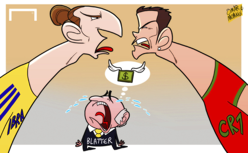 Cartoon: Ibrahimovic vs Ronaldo (medium) by omomani tagged blatter,cristiano,ronaldo,fifa,ibrahimovic,portugal,sweden,world,cup,qualifications