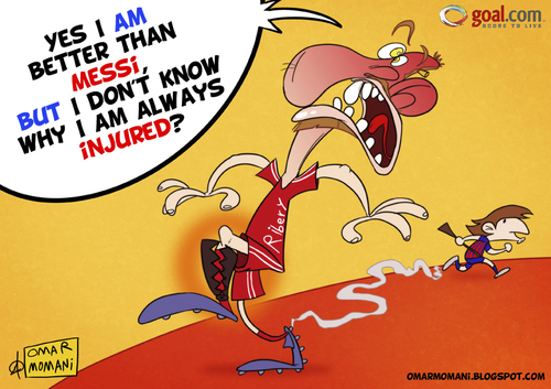 Cartoon: Injured Ribery (medium) by omomani tagged ribery,messi,bayern,munich,france,argentina,spain,germany,la,liga,bundesliga,soccer,football,cartoon