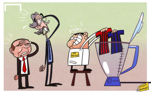 Cartoon: Inter n AC Milan aghast at Raiol (medium) by omomani tagged ac,milan,berlusconi,inter,mino,raiola,moratti