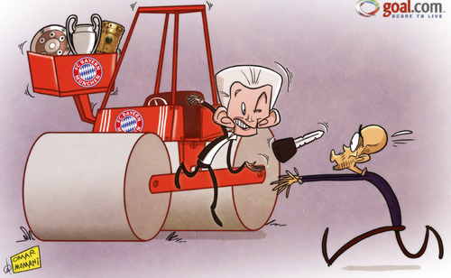 Cartoon: Jupp Heynckes hands Guardiola (medium) by omomani tagged bayern,munich,bundesliga,champions,league,dfb,pokal,guardiola,jupp,heynckes,steamroller