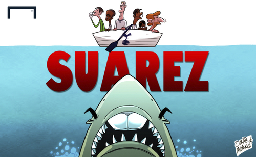 Cartoon: Lethal Suarez sinks Spurs (medium) by omomani tagged aaron,lennon,hugo,lloris,kyle,naughton,liverpool,michael,dawson,paulinho,premier,league,suarez,tottenham,villas,boas