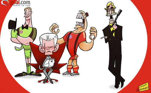 Cartoon: Licence to thrill (medium) by omomani tagged bayern,munich,blofeld,dortmund,james,bond,javi,martinez,jaws,jupp,heynckes,jurgen,klopp,neuer