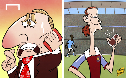 Cartoon: Liverpool calling in Carroll (medium) by omomani tagged andy,carroll,brendan,rodgers,liverpool,manchester,city,premier,league,west,ham,yaya,toure