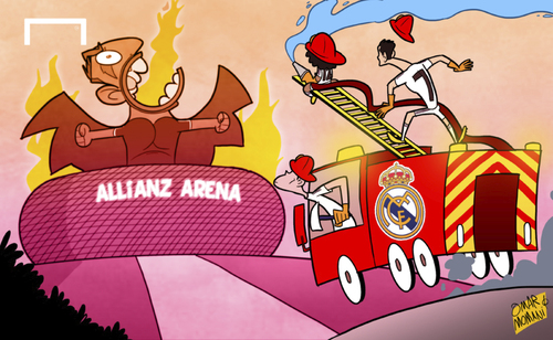 Cartoon: Madrid aim to put out Bayern (medium) by omomani tagged allianz,arena,bayern,munich,champions,league,cristiano,ronaldo,gareth,bale,marcelo,real,madrid,ribery