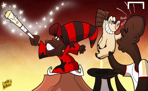Cartoon: Magic Honda (medium) by omomani tagged ac,milan,balotelli,clarence,seedorf,keisuke,honda,serie