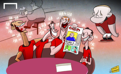 Cartoon: Man U players talk transfers (medium) by omomani tagged chelsea,manchester,united,nemanja,vidic,rio,ferdinand,rooney,ryan,giggs,van,persie